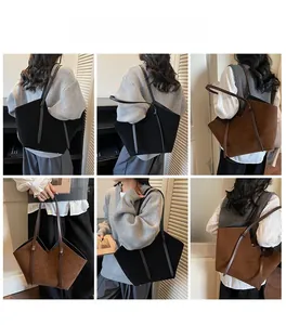 Collage of black and brown suede tote bags with V-cut design for shoulder carry style