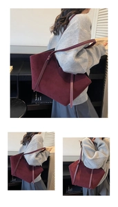 Detail view of burgundy faux suede tote bag featuring a spacious interior and long straps