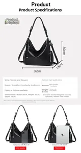 Detailed size chart for black lychee leather handbag showing dimensions and inner structure