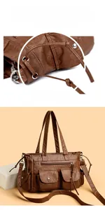 Détail du sac cabas en cuir marron texturé avec poches pratiques et cordons de serrage