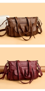 Détail de sacs fourre-tout multi-poches montrant la texture du cuir en marron et rouge
