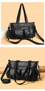 Vue détaillée du sac cabas en cuir noir délavé avec poches multiples et bandoulière