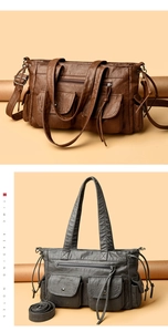 Détails de sacs cabas vintage en marron et gris avec une texture en cuir PU souple