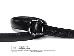 Close-up of black lychee grain leather shoulder strap with silver adjustable buckle