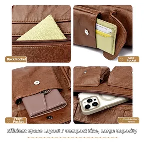 Vue détaillée du sac en cuir vintage marron montrant plusieurs poches pour téléphone et portefeuilles