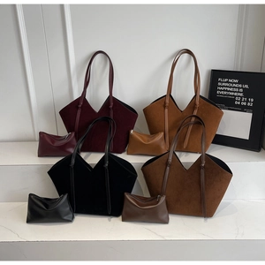 Four-color suede tote set featuring spacious V-neck design and matching zipper pouches