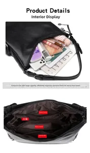 Detailed interior of a black leather tote showing multiple pockets and spacious compartments