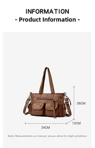 Détails du sac cabas marron avec dimensions, poches multiples et bandoulière réglable