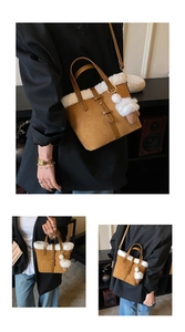 Three-way view of brown suede tote bag with faux fur trim and adjustable shoulder strap