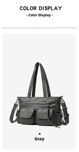Vue détaillée du sac cabas gris en cuir lavé avec plusieurs poches et fermeture éclair