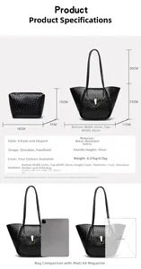 Dettagli dimensionali per set borsa tote intrecciata 2-in-1 e pochette interna nera