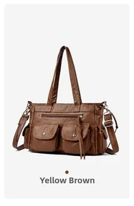 Détails du sac fourre-tout marron jaune avec poches multiples et cuir vintage