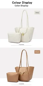 Dettaglio della borsa tote tessuta e pochette in bianco sporco e kaki con fibbie oro