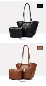 Dettaglio delle borse tote intrecciate in nero e marrone con bustine coordinate