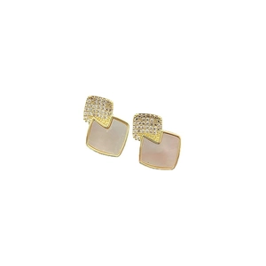 Minimalist geometric square earrings with gold plating and white shell inlay accents