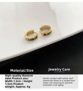Detailed view of titanium steel hoop earrings featuring vibrant colorful zircon stones