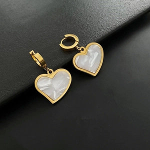 Titanium Steel Heart Hoop Dangle Earrings With Mother Of Artificial Pearl Shell Inlay Geometric Punk Style Jewelry For Women