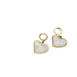 Golden heart drop earrings with white shell inlay in stainless steel for women