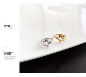 Detailed view of hollow star rings in gold and silver finish with polished surface