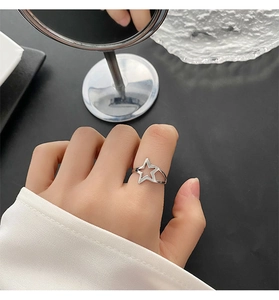 Macro view of minimalist hollow star ring in silver stainless steel on a finger