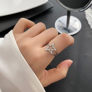 Minimalist hollow star silver ring in titanium steel with an adjustable open design