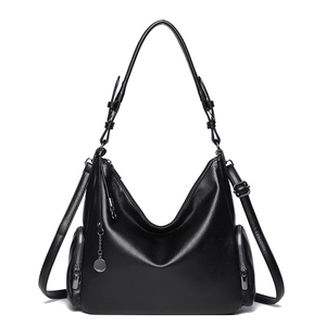 Classic black hobo shoulder bag in lychee texture leather with side zippers