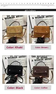 Detail view showing four elegant crossbody bag colors with suede and matte leather textures