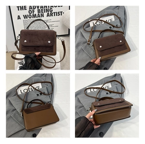 Detailed views of the retro two-tone crossbody bag from front, side, back, and bottom angles