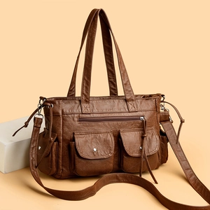 Sac Fourre-Tout Vintage À Poches Multiples Cuir PU Grande Capacité Sac À Main Bandoulière Décontracté Rétro Pour Femmes
