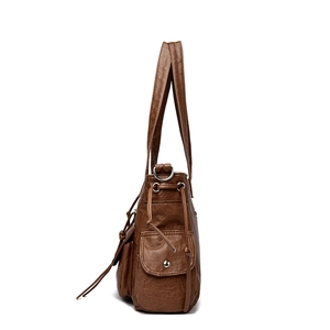 Sac fourre-tout marron vintage en similicuir avec multi-poches et cordon de serrage