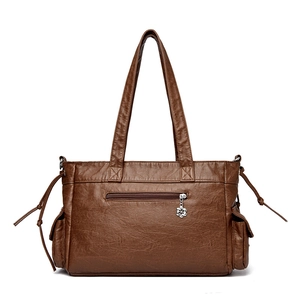 Sac fourre-tout vintage marron multi-poches pour femmes avec boucles et pendentif fleur