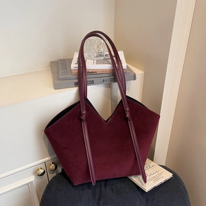 Retro burgundy matte tote bag with deep V-shaped design and long shoulder straps