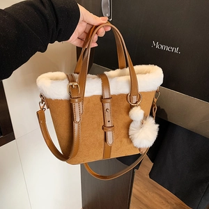 Women Vintage Faux Suede Bucket Bag With Faux Fur Trim Splicing Handbag Adjustable Shoulder Strap Daily Fashion Satchel
