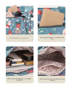 Dettaglio borsa shopper a fiori blu con stampa fragole e tasche interne multiple