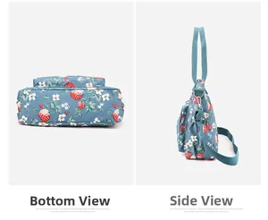 Dettagli della borsa in nylon floreale con fondo rinforzato e tasca laterale con cerniera