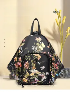 Detail of multi-functional floral backpack with butterfly prints and waterproof fabric