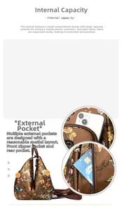Macro view of floral printed backpack showing multiple internal compartments and storage
