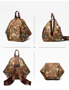 Multi-angle view of floral butterfly backpack showing side, back, and base details