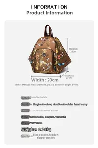 Detailed dimension chart showing size and internal structure of the brown butterfly backpack