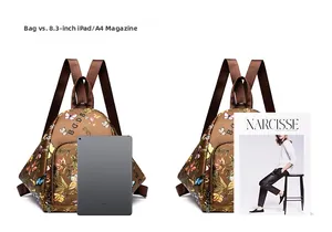 Size comparison of butterfly print backpack showing fit for A4 magazines and 8.3-inch iPad