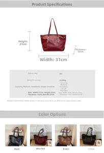 Detailed dimension chart and material specs for the large leather tote bag in four colors