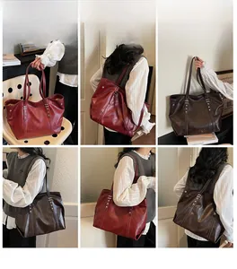 Detailed views of burgundy and brown soft leather tote bags with metal rivet accents
