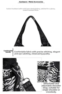 Detail of durable metal hardware and adjustable shoulder strap on leopard print bag