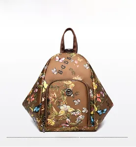 Front view of floral butterfly print backpack with kangaroo logo and BGDS lettering
