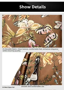 Close-up of floral butterfly print fabric and silver BGDS kangaroo zipper on bag