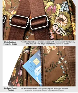 Detail of adjustable shoulder straps and anti-theft back zipper pocket on floral backpack