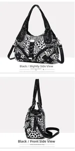 Detail view of leopard print shoulder bag with metal zippers and rivet decorations