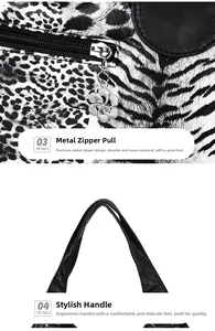 Close-up of leopard print shoulder bag showing floral metal zipper puller and leather handle
