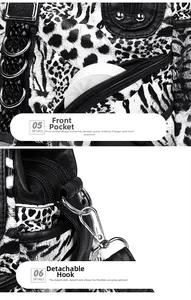 Close-up of zebra and leopard print shoulder bag showing silver hardware and zipper pouch