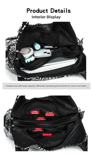 Internal view of leopard print shoulder bag showing main compartments and zipper pocket